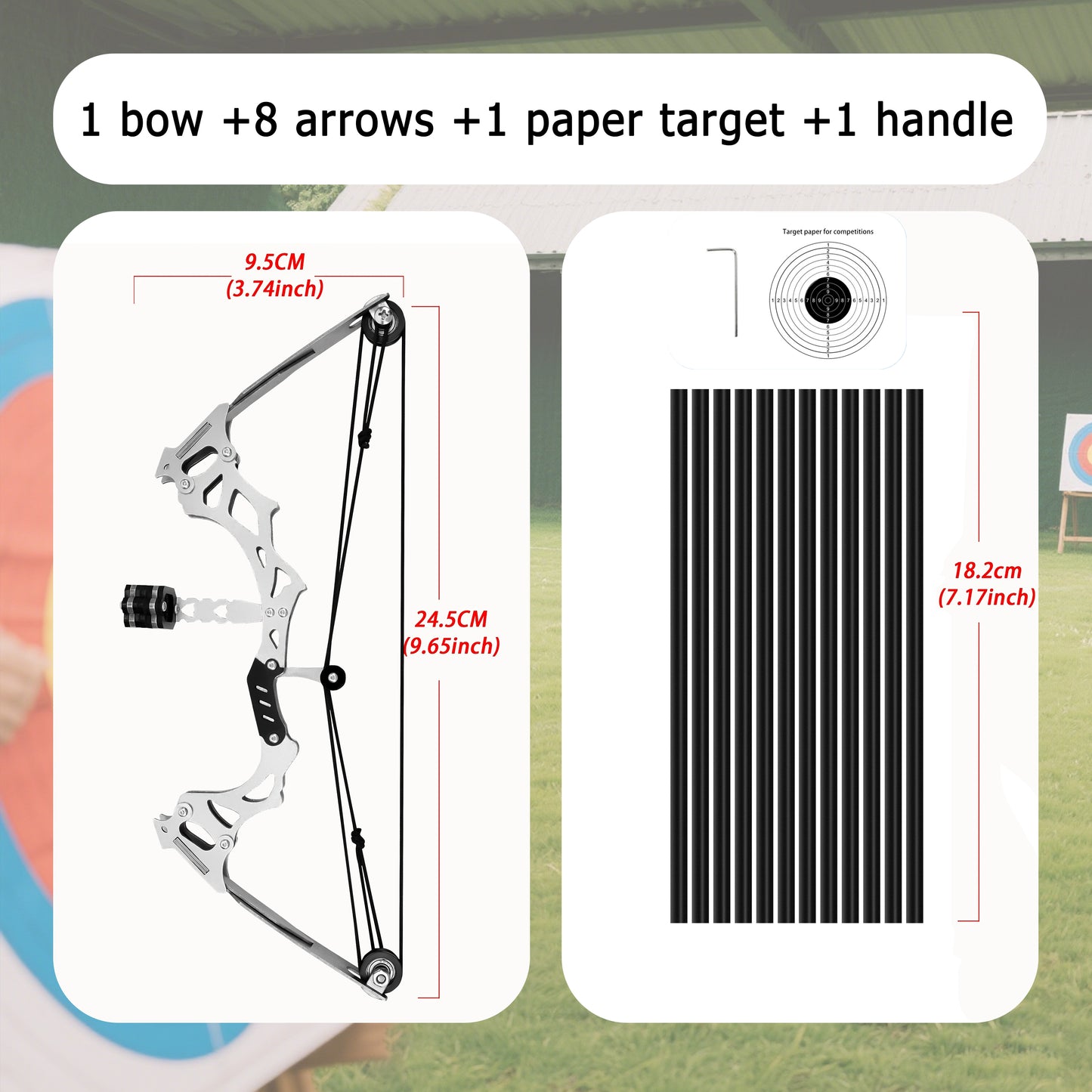 Cyzarize Ivory Veil full set layout with mini bow, arrows, target paper and stand – hobby archery training set