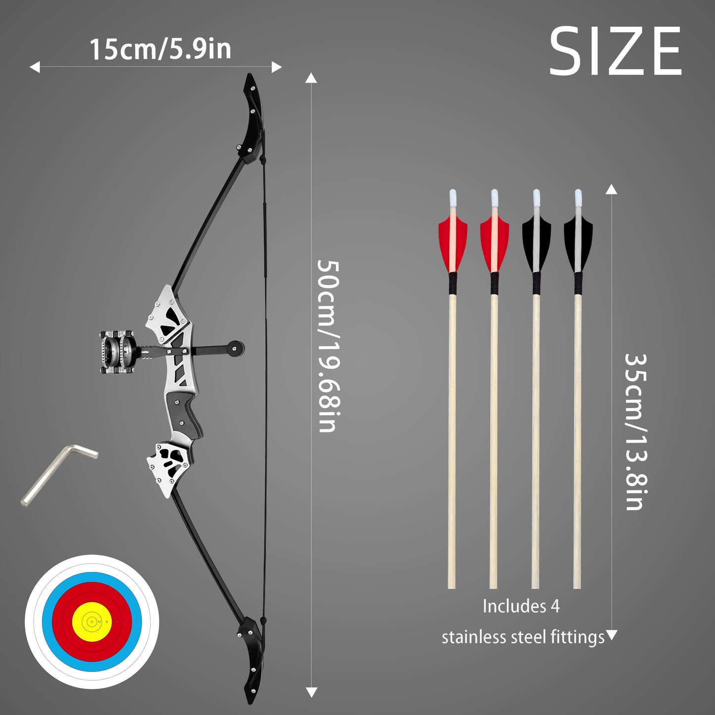 Cyzarize Wooden Recurve full set layout with bow, arrows, target paper and stand – hobby archery training set