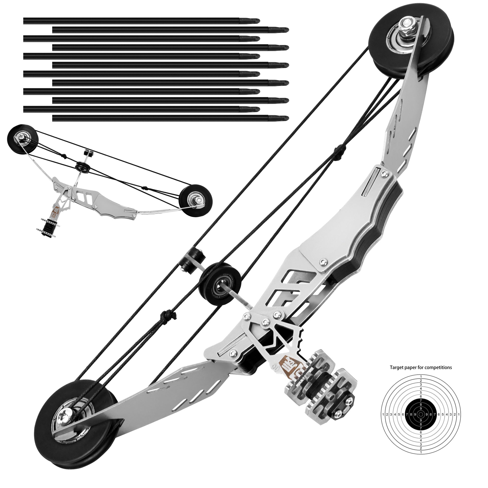 Side profile of Warlord metal mini bow showing compound pulley mechanics for target skill practice