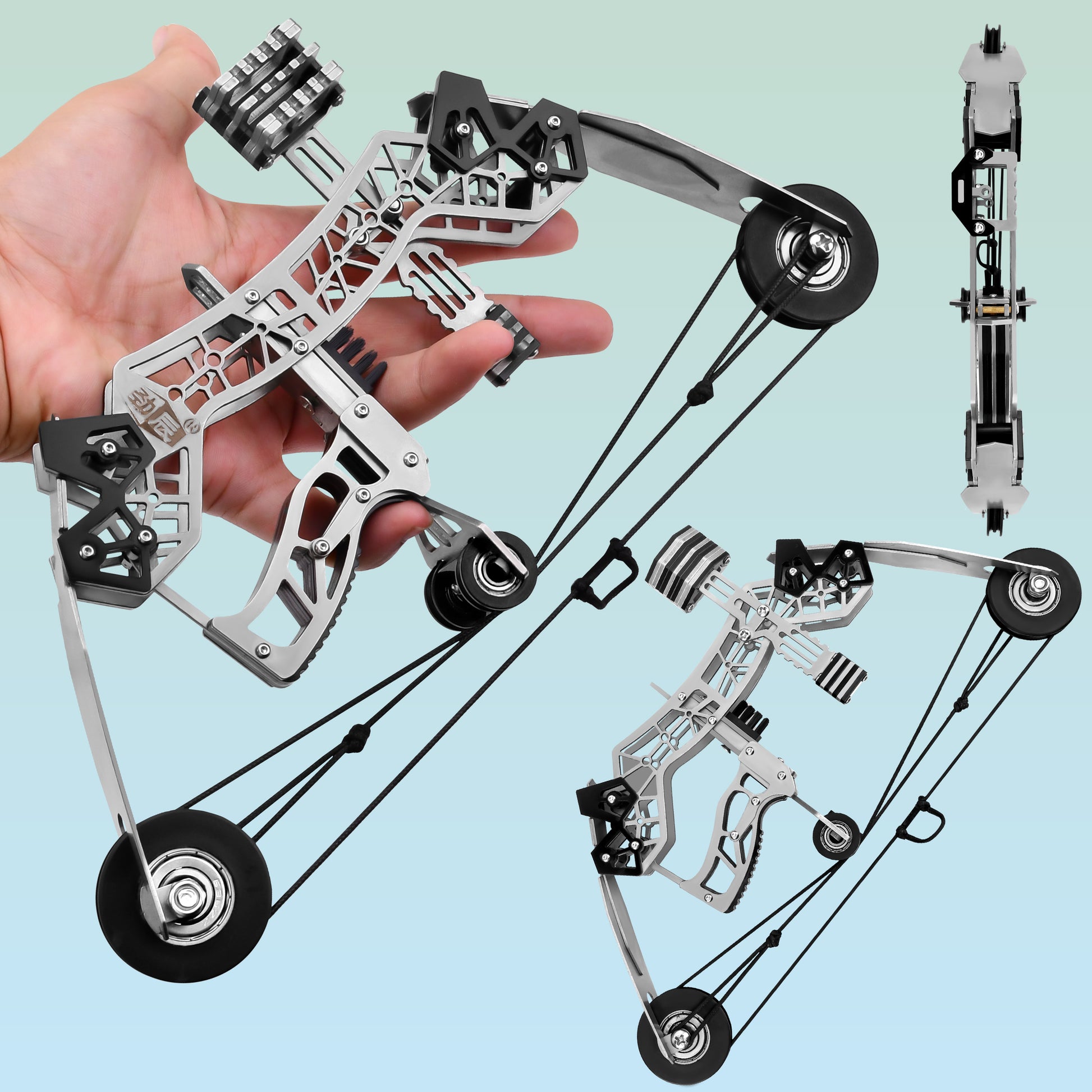 Battleship mini compound bow training set front view – metal skill archery toy for teens