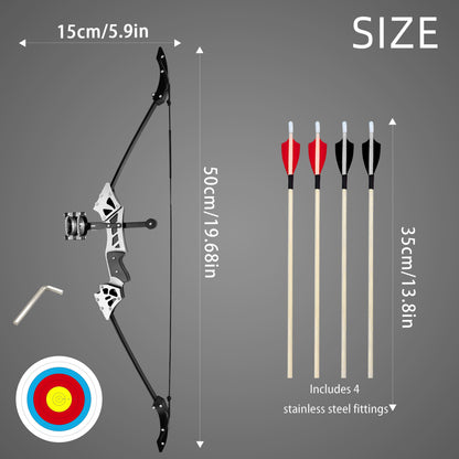 Cyzarize Wooden Recurve full set layout with bow, arrows, target paper and stand – hobby archery training set