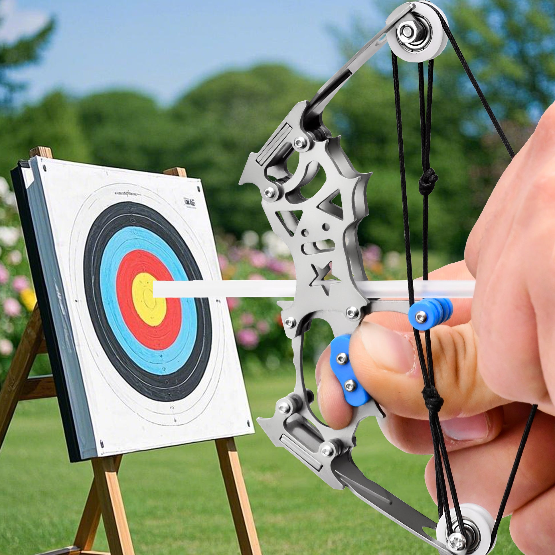 Cyzarize Daybreak Star full set layout with bow, arrows, stand and target paper