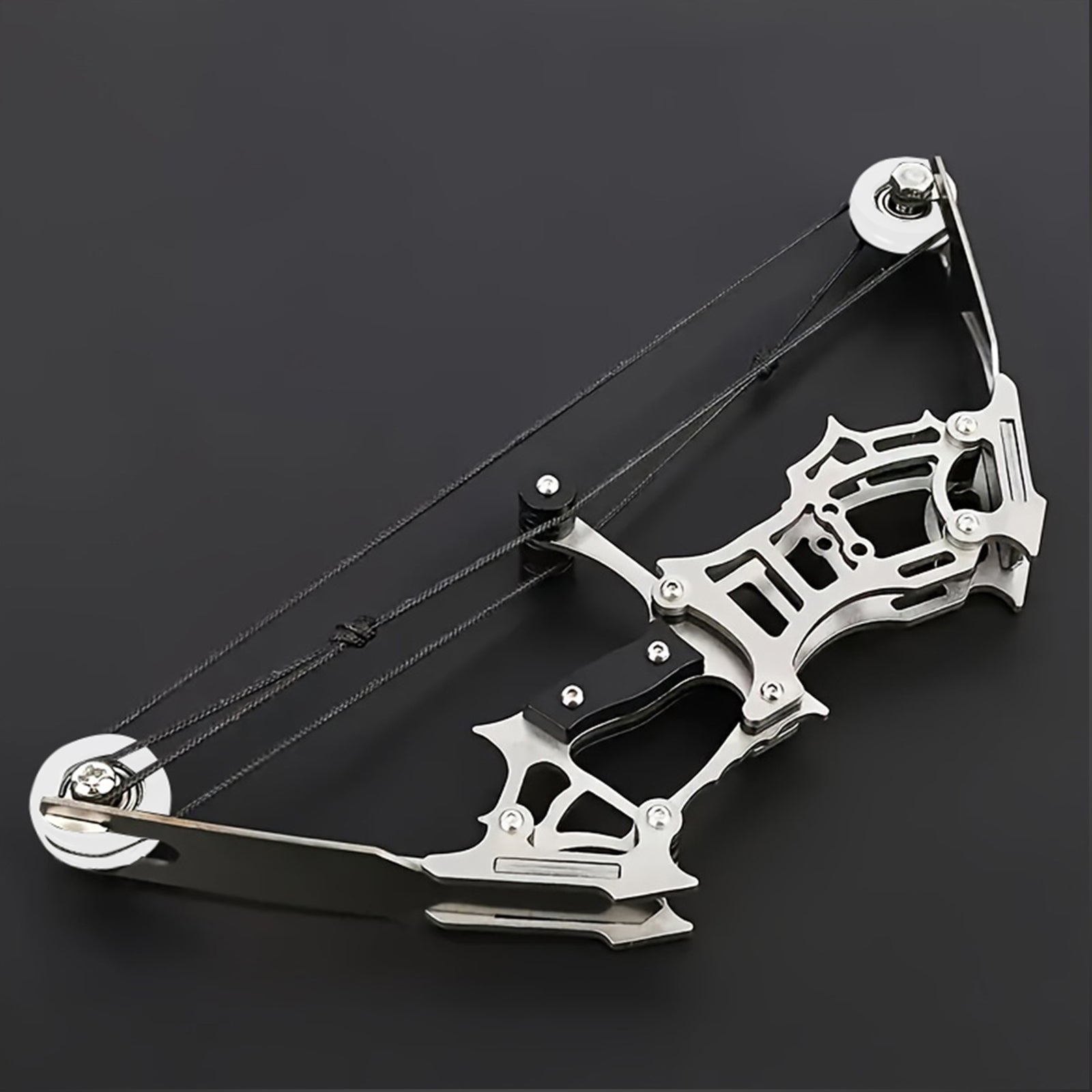 Side profile of Shadow metal mini bow showing sleek frame and lightweight design for indoor/outdoor use