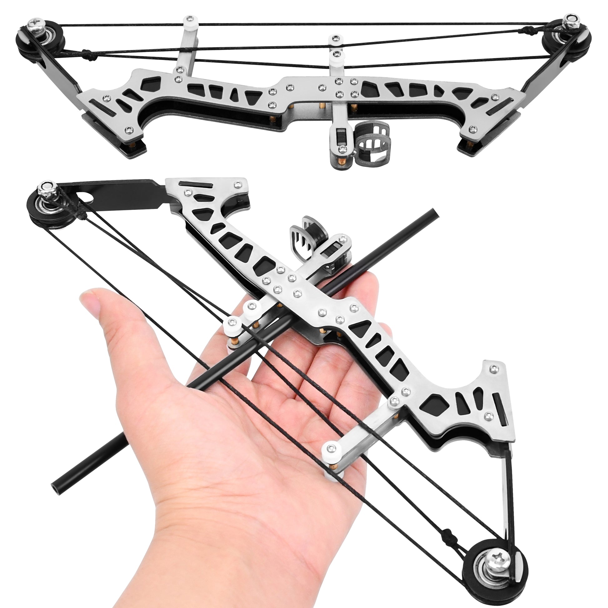 Micro-Horse Laser mini compound bow front view – stainless steel skill training set with laser aim module